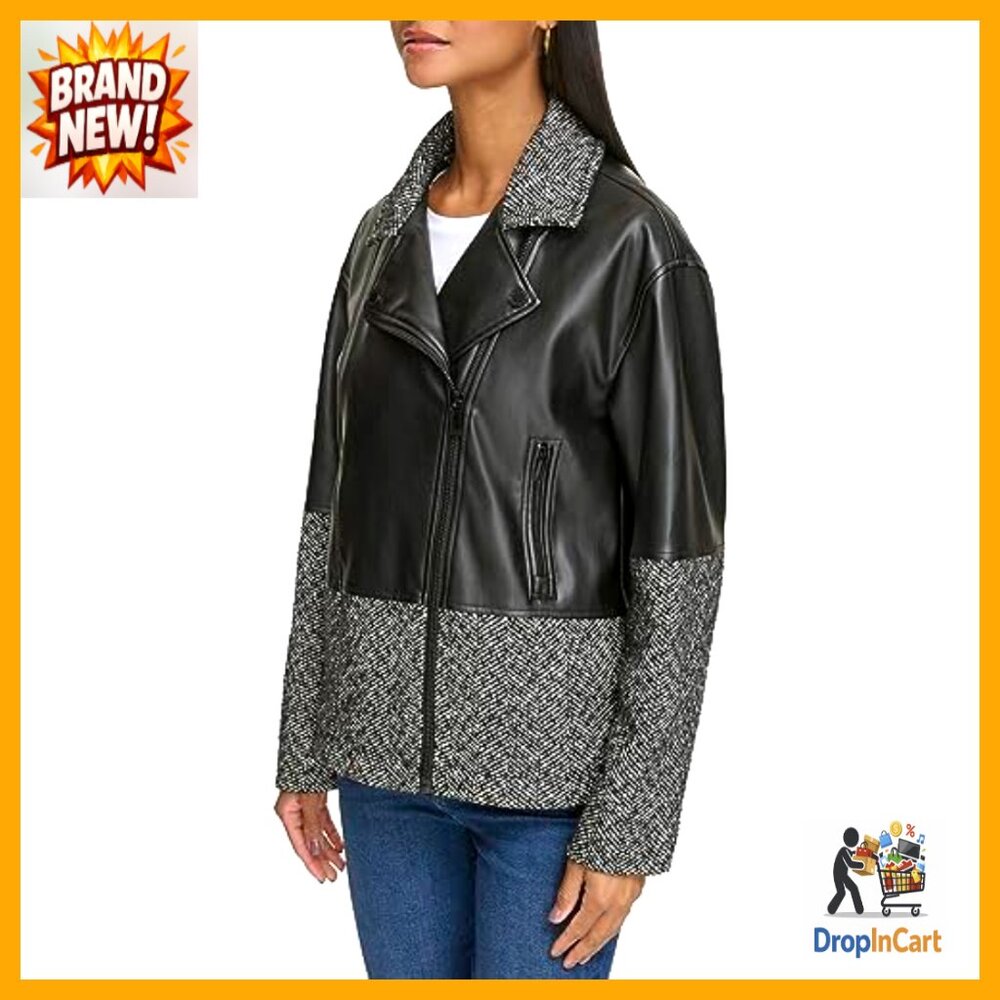 Mix Tweed Bomber Jacket Long Sleeve Aviator Silhouette Classic Chic Fall - Picture 3 of 5